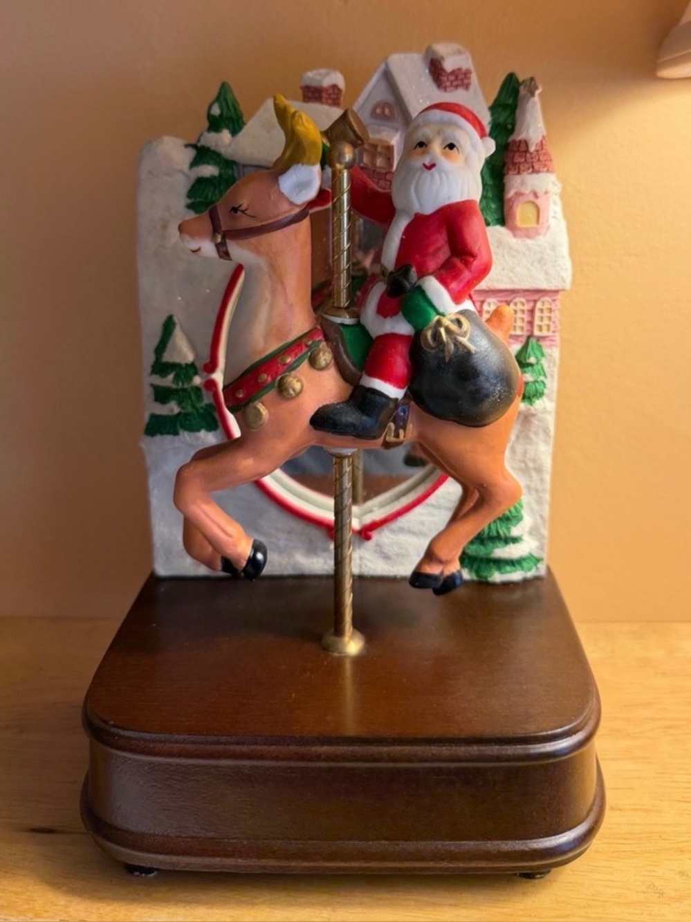 Santa on Reindeer Musical 🎶 Carousel Figurine - Red, Green, Black